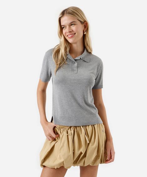 polo feminina de tricot manga curta cinza
