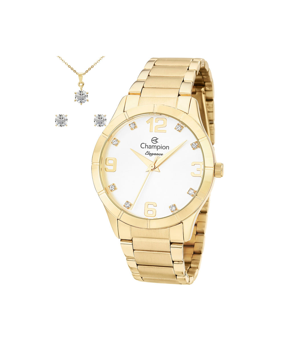 kit relógio feminino champion analógico cn26055w dourado