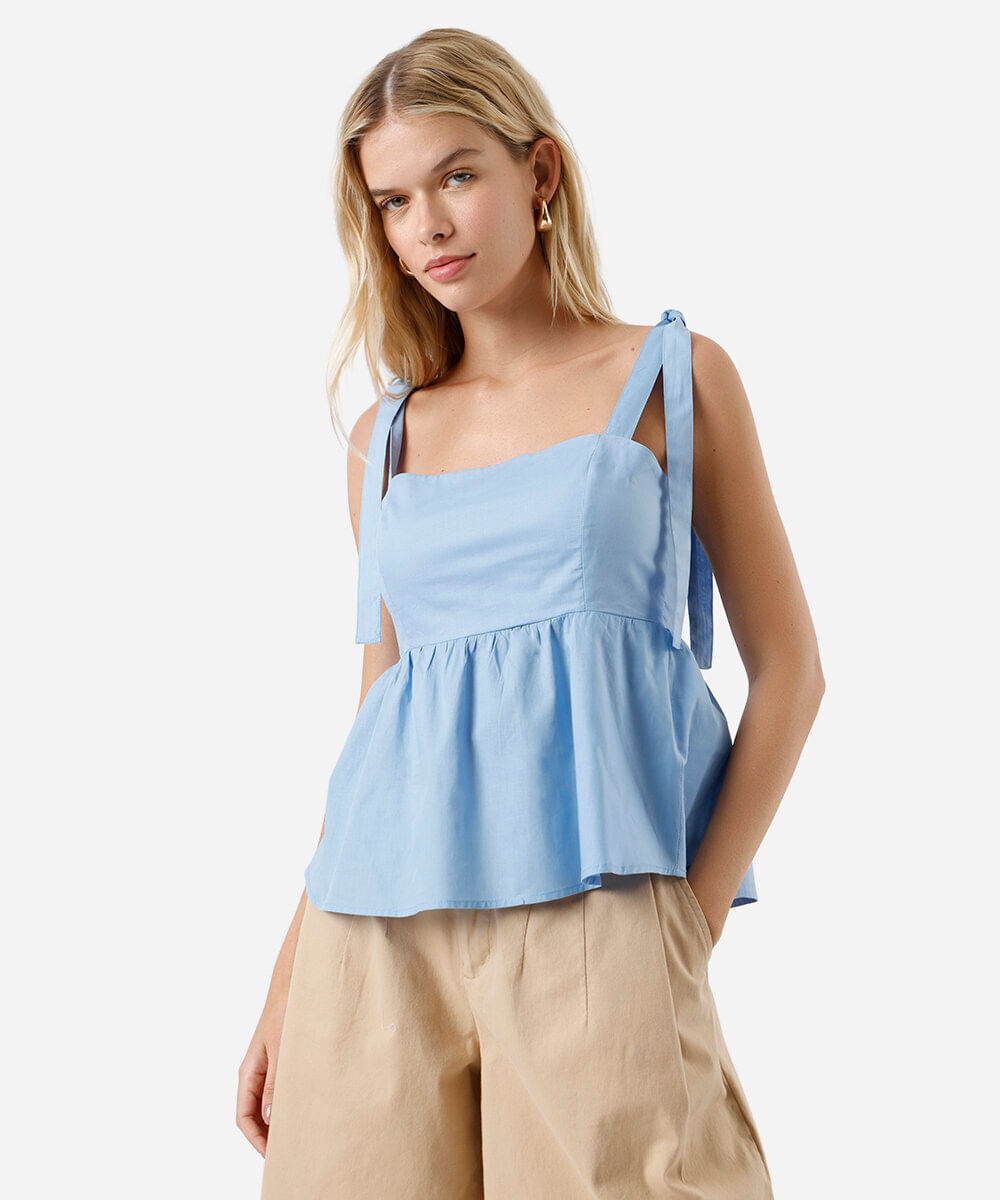 blusa feminina de algodão evasê com amarração azul