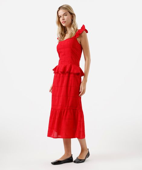 vestido midi peplum feminino de laise com recorte vermelho