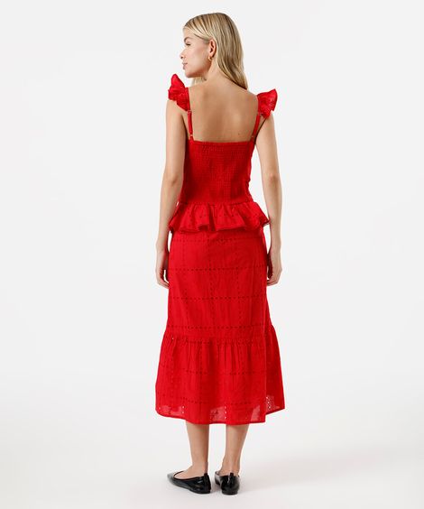 vestido midi peplum feminino de laise com recorte vermelho