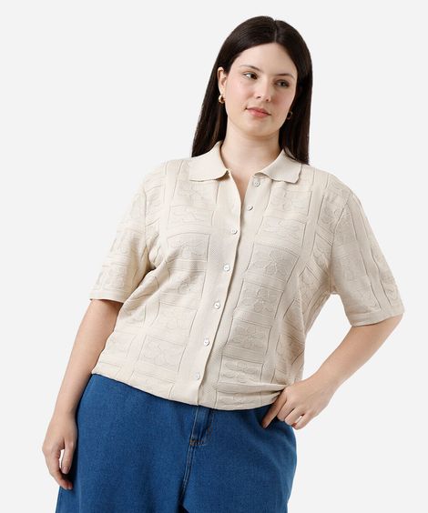 camisa feminina de tricot floral mindset plus size bege
