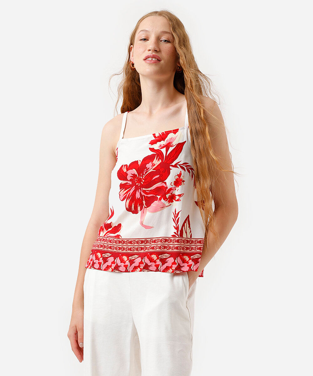blusa alça fina feminina de viscose floral bege