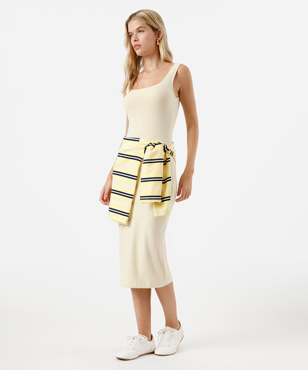 vestido midi feminino de algodão decote quadrado básico amarelo