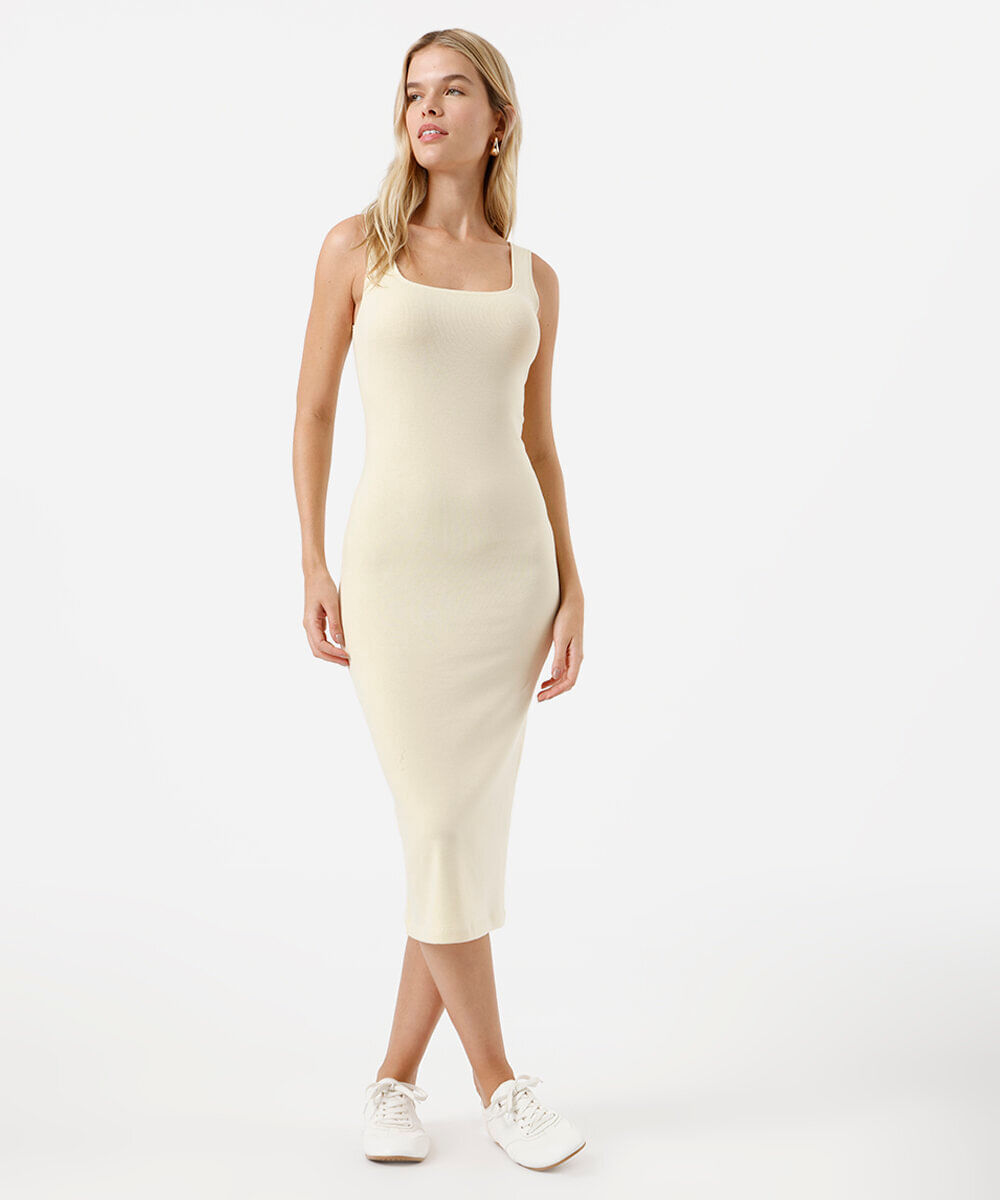 vestido midi feminino de algodão decote quadrado básico amarelo