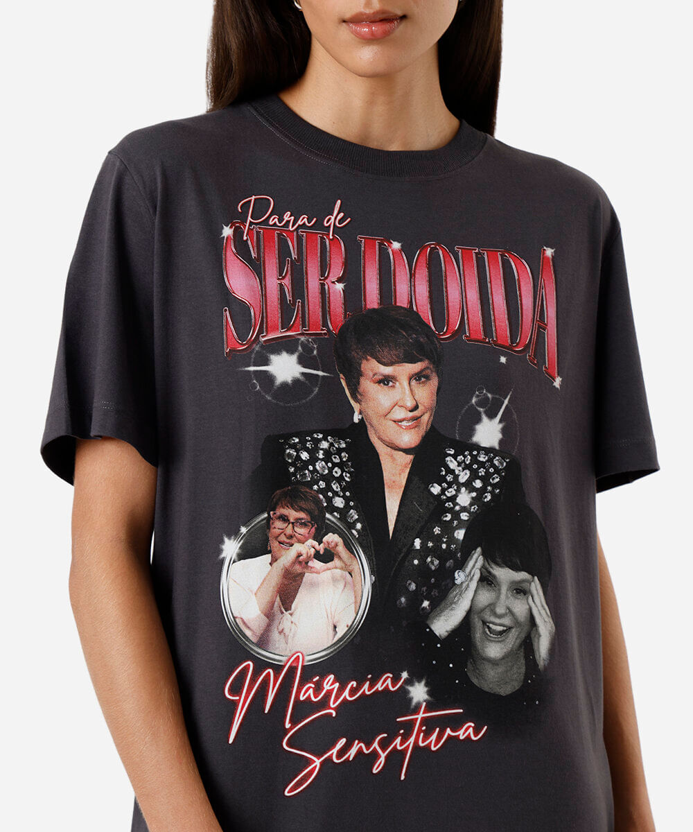 camiseta feminina de algodão estampada márcia sensitiva cinza