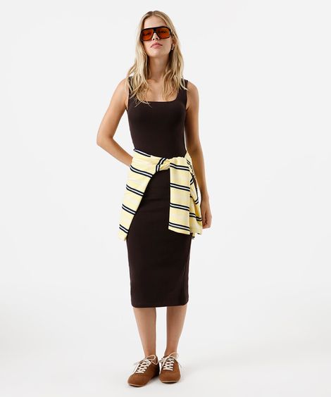 vestido midi feminino de algodão decote quadrado básico marrom