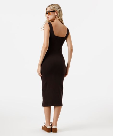 vestido midi feminino de algodão decote quadrado básico marrom