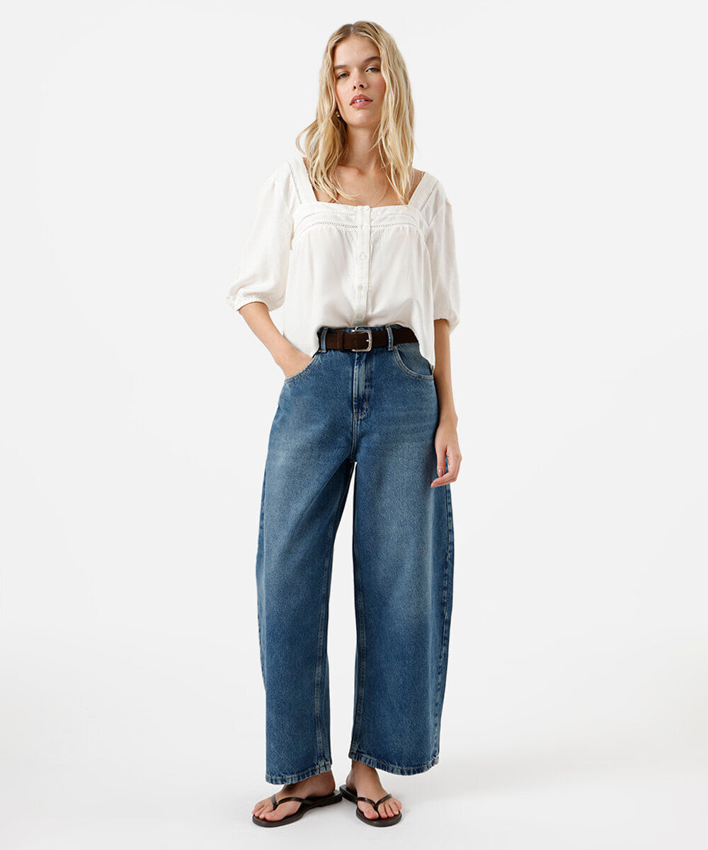 calça balloon feminina jeans cintura média azul