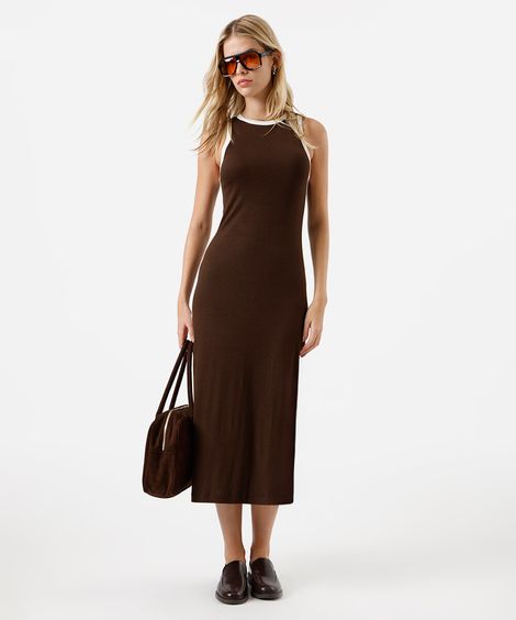 vestido midi feminino de viscose canelado marrom