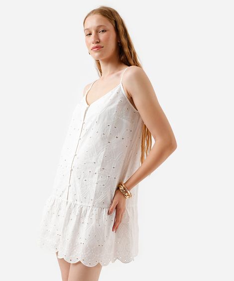 vestido curto feminino de laise com botão arabesco off white