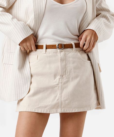 short saia feminino de sarja com cinto bege