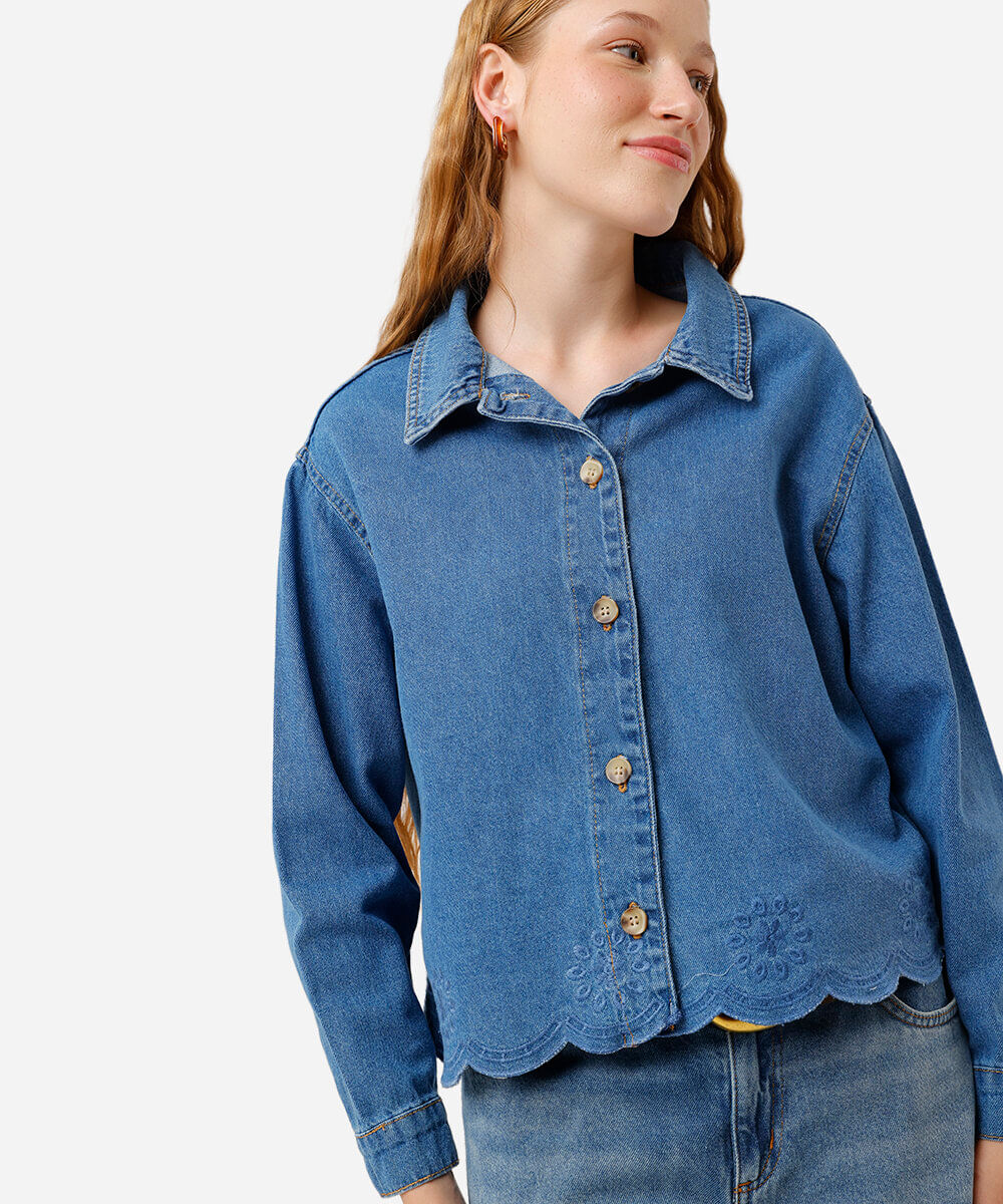 camisa feminina jeans bordada azul