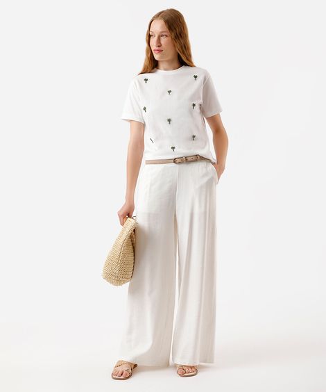 calça pantalona feminina com viscose cós elástico off white