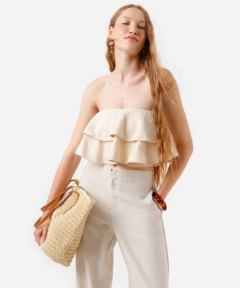 cropped sem alça feminino de sarja com babados amarelo