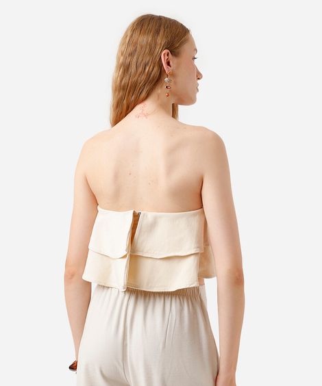 cropped sem alça feminino de sarja com babados amarelo