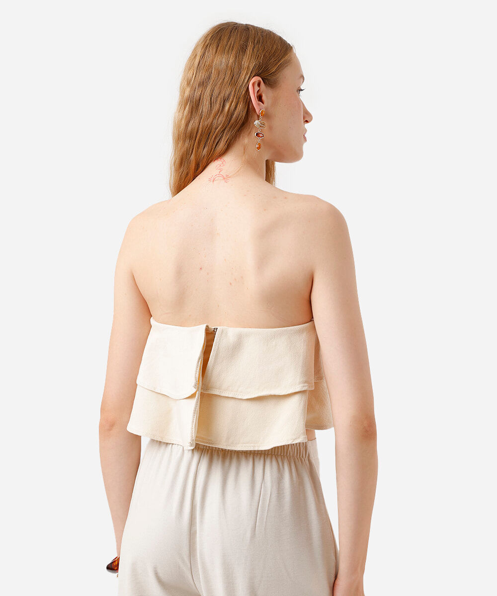 cropped sem alça feminino de sarja com babados amarelo