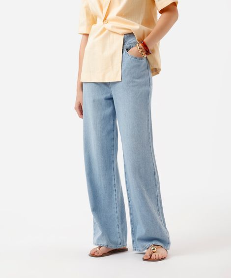 calça wide leg feminina jeans com cinto azul