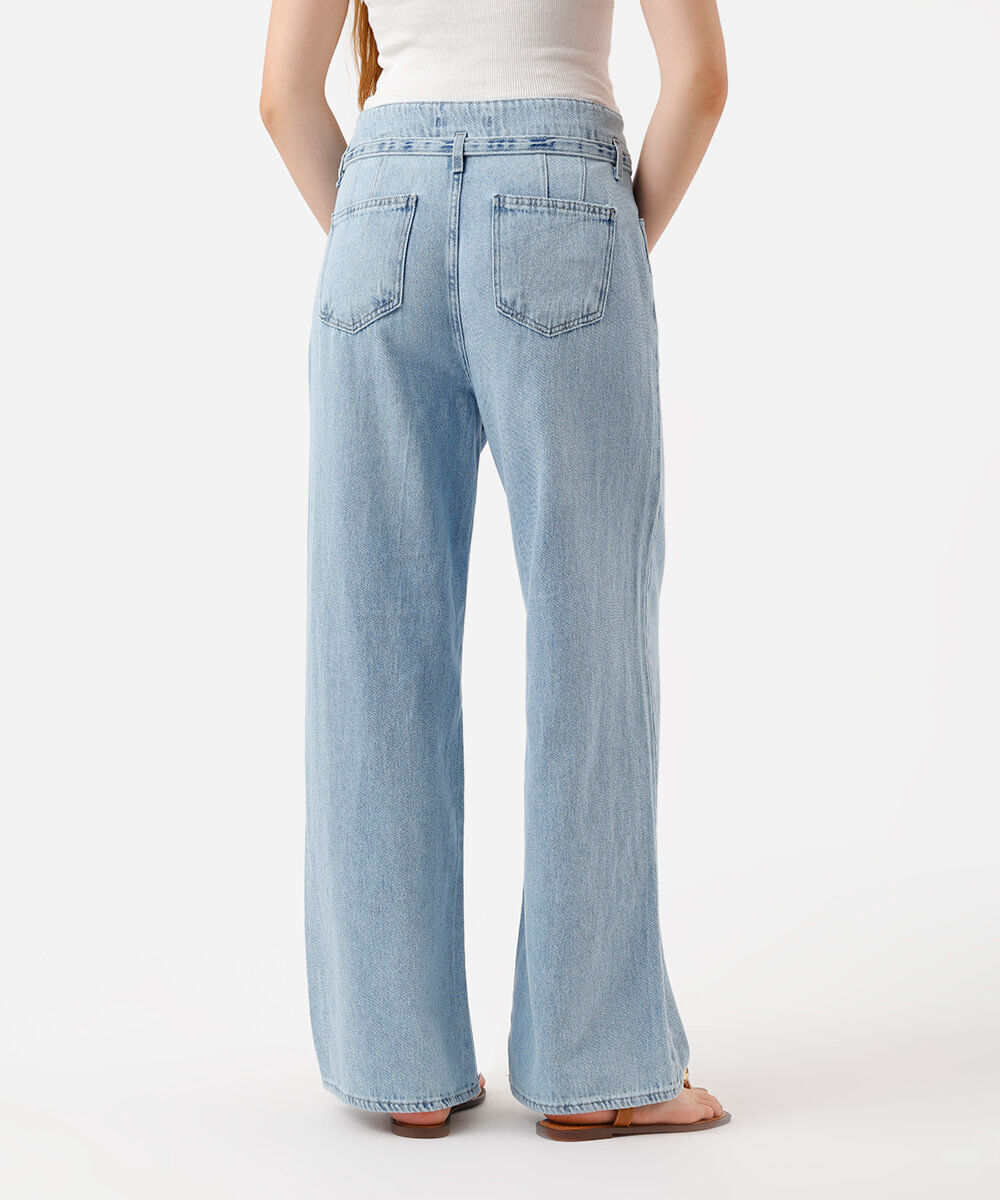 calça wide leg feminina jeans com cinto azul