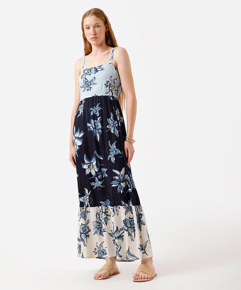 vestido longo alça fina feminino com lurex e recorte floral azul