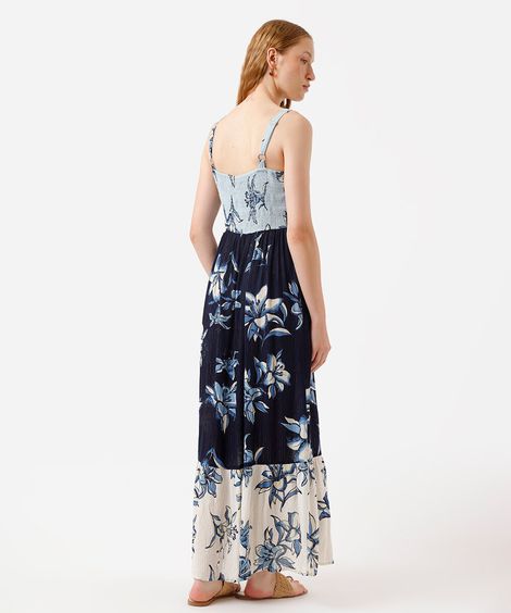 vestido longo alça fina feminino com lurex e recorte floral azul