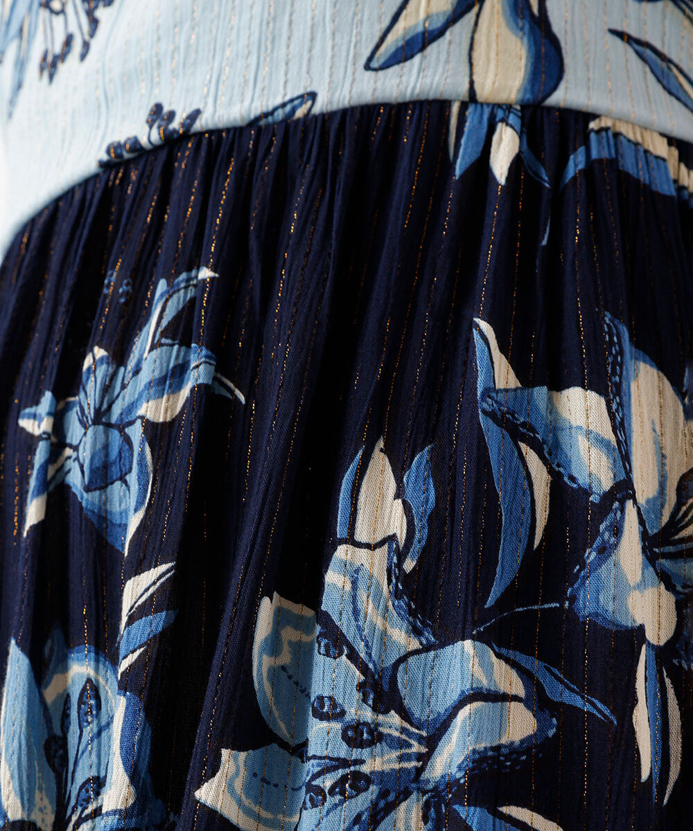 vestido longo alça fina feminino com lurex e recorte floral azul