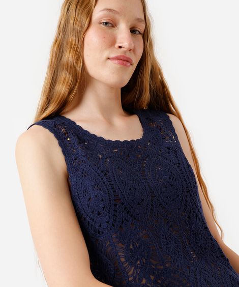 regata feminina de crochê floral azul