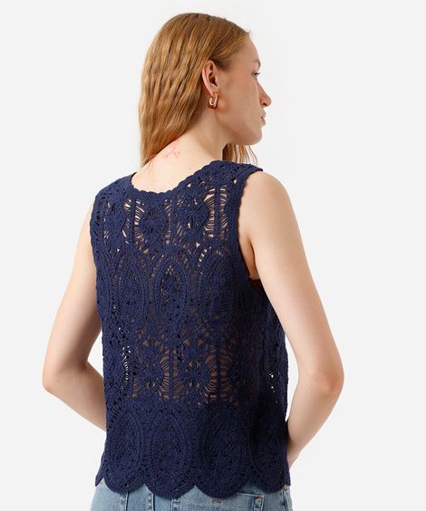 regata feminina de crochê floral azul