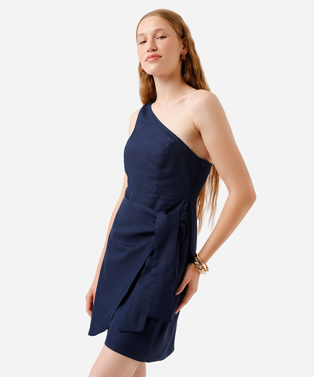 vestido curto ombro único feminino com linho azul