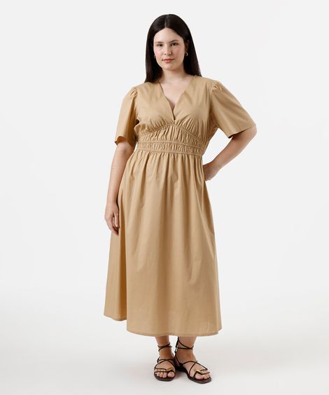 vestido midi feminino de algodão manga curta franzido plus size bege