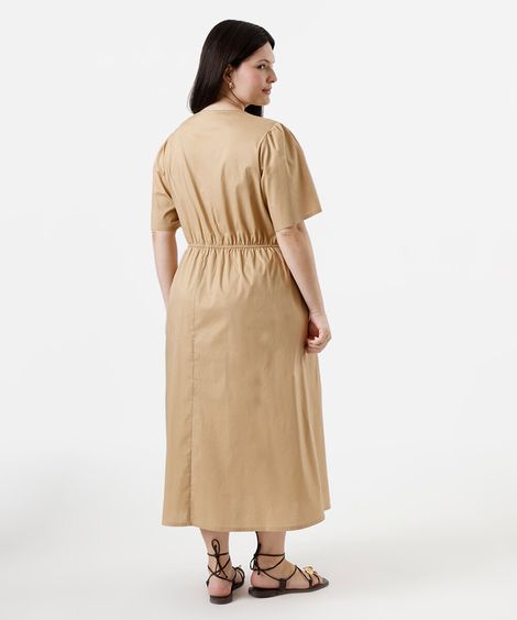 vestido midi feminino de algodão manga curta franzido plus size bege