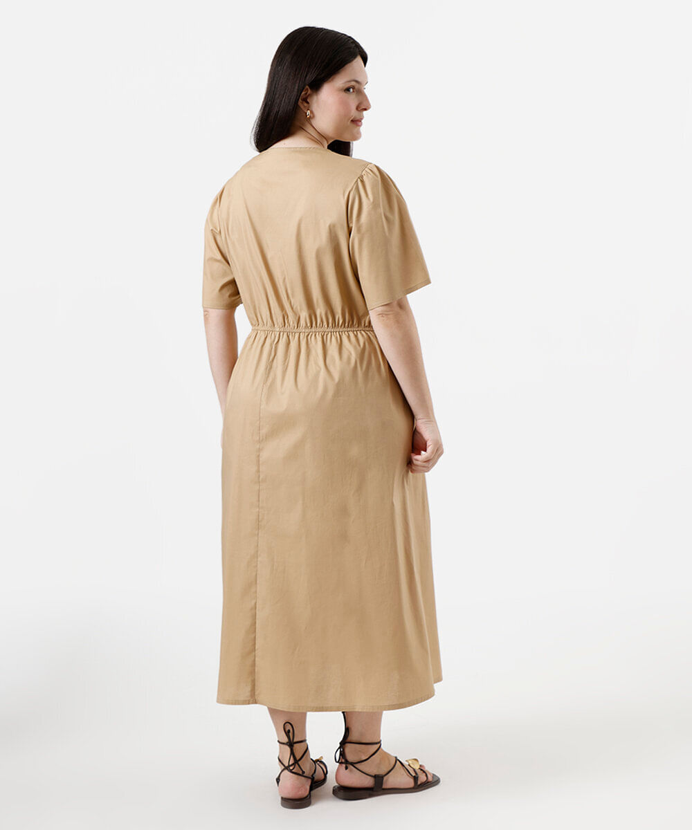vestido midi feminino de algodão manga curta franzido plus size bege