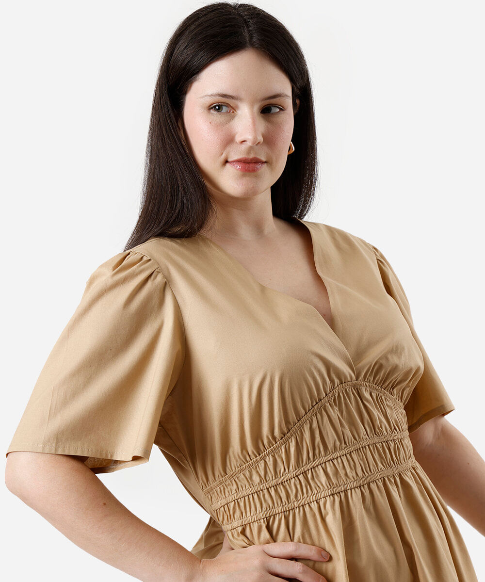 vestido midi feminino de algodão manga curta franzido plus size bege
