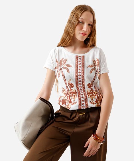 camiseta feminina de algodão folhagens off white