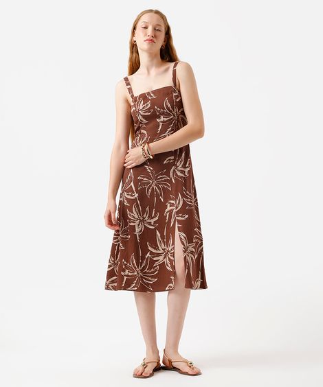 vestido midi alça fina feminino de viscose folhagens marrom
