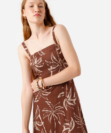 vestido midi alça fina feminino de viscose folhagens marrom