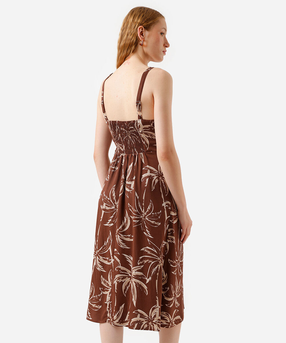 vestido midi alça fina feminino de viscose folhagens marrom
