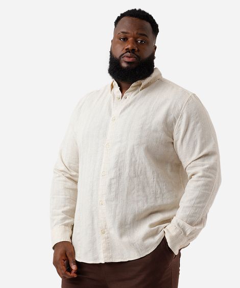 camisa masculina com linho texturizada plus size bege