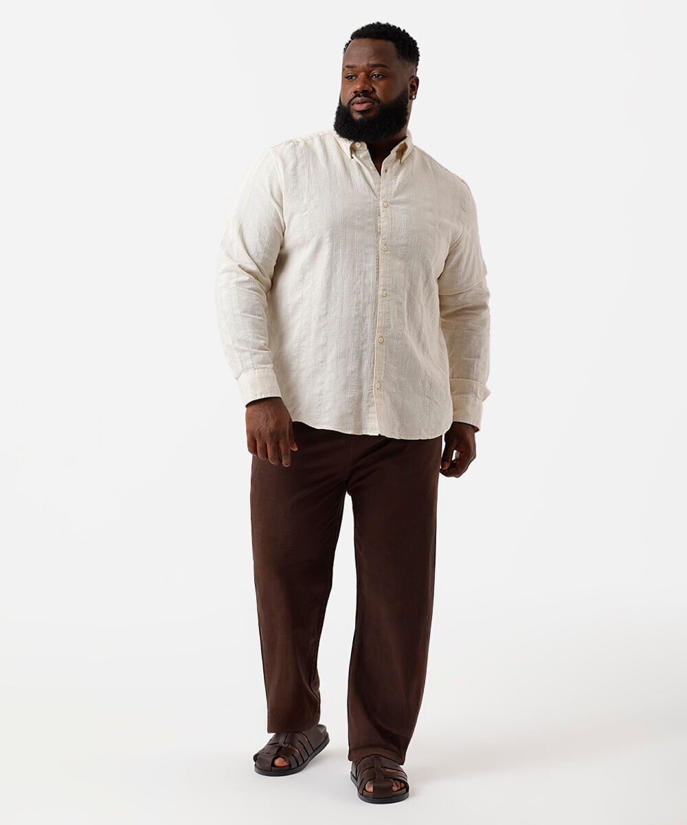 camisa masculina com linho texturizada plus size bege