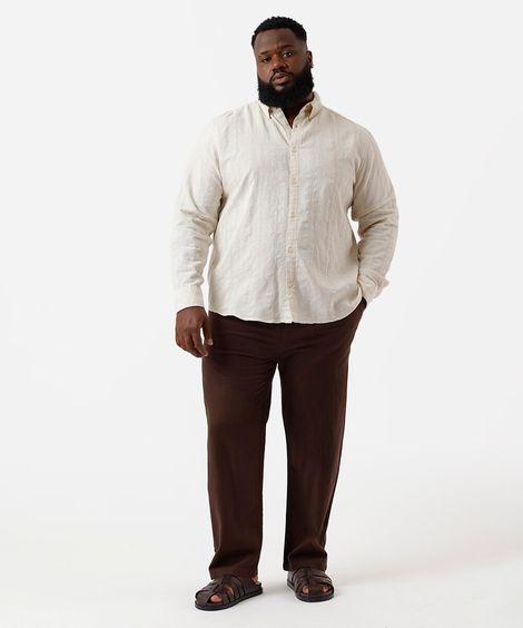 calça reta masculina de sarja cós elástico texturizada plus size marrom