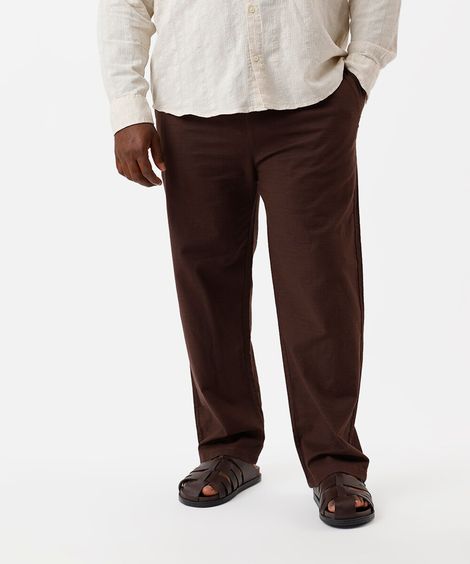 calça reta masculina de sarja cós elástico texturizada plus size marrom
