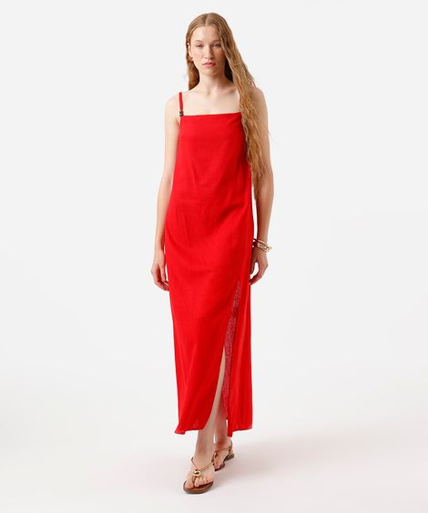 vestido longo alça fina  feminino com linho e fenda vermelho