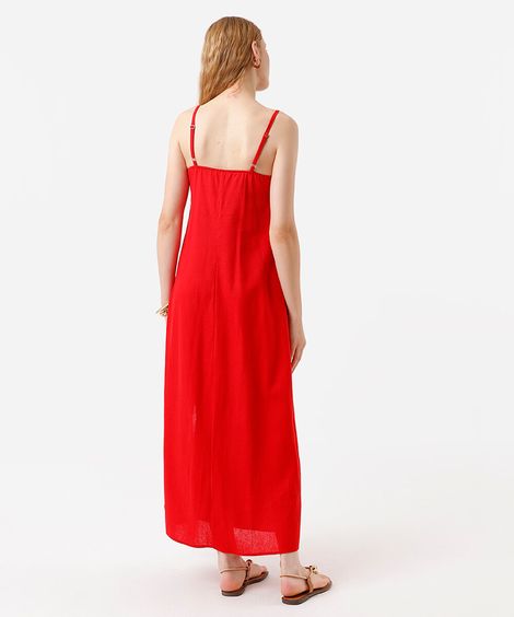 vestido longo alça fina  feminino com linho e fenda vermelho
