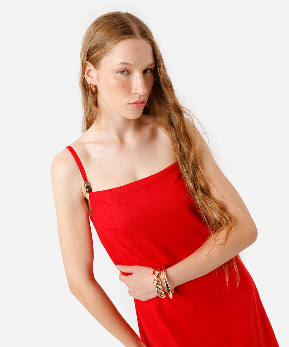 vestido longo alça fina  feminino com linho e fenda vermelho