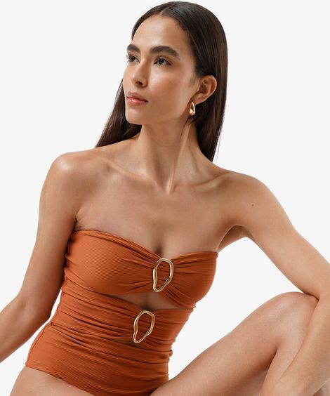 maiô alça fina feminino decote coração com argolas orgânicas marrom