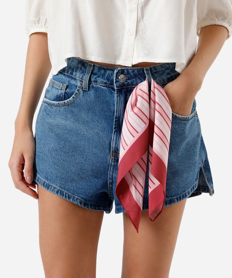 short feminino jeans cintura média com lenço azul