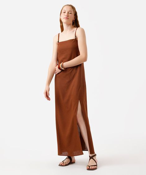vestido longo alça fina  feminino com linho e fenda marrom