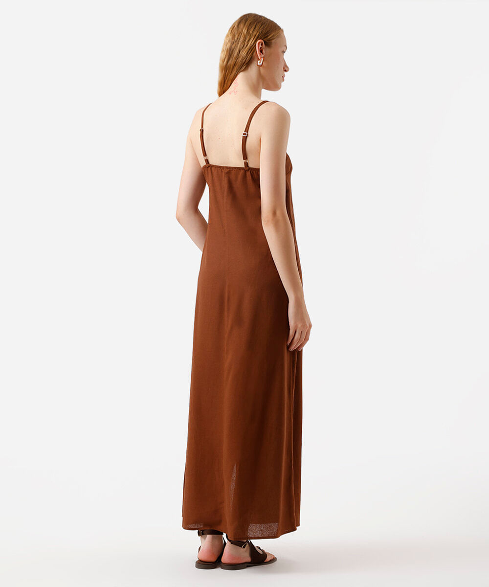 vestido longo alça fina  feminino com linho e fenda marrom
