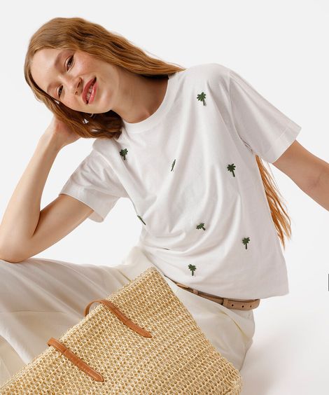 camiseta feminina de algodão bordada off white