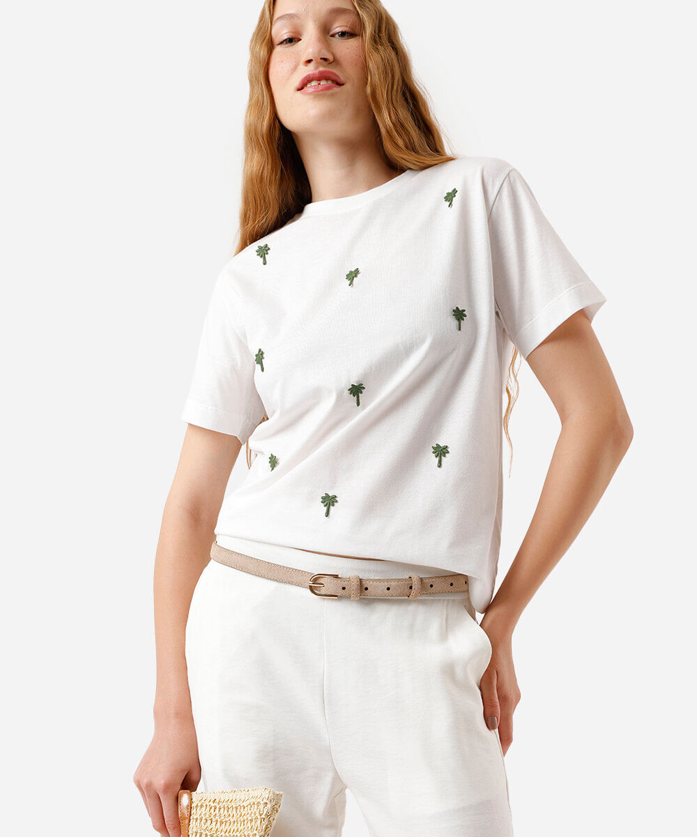 camiseta feminina de algodão bordada off white